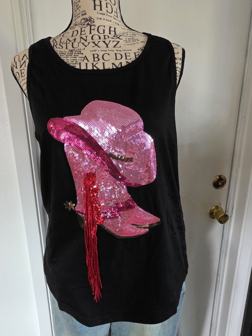 Black Tank with Pink Sequin Cowboy Hat Accent